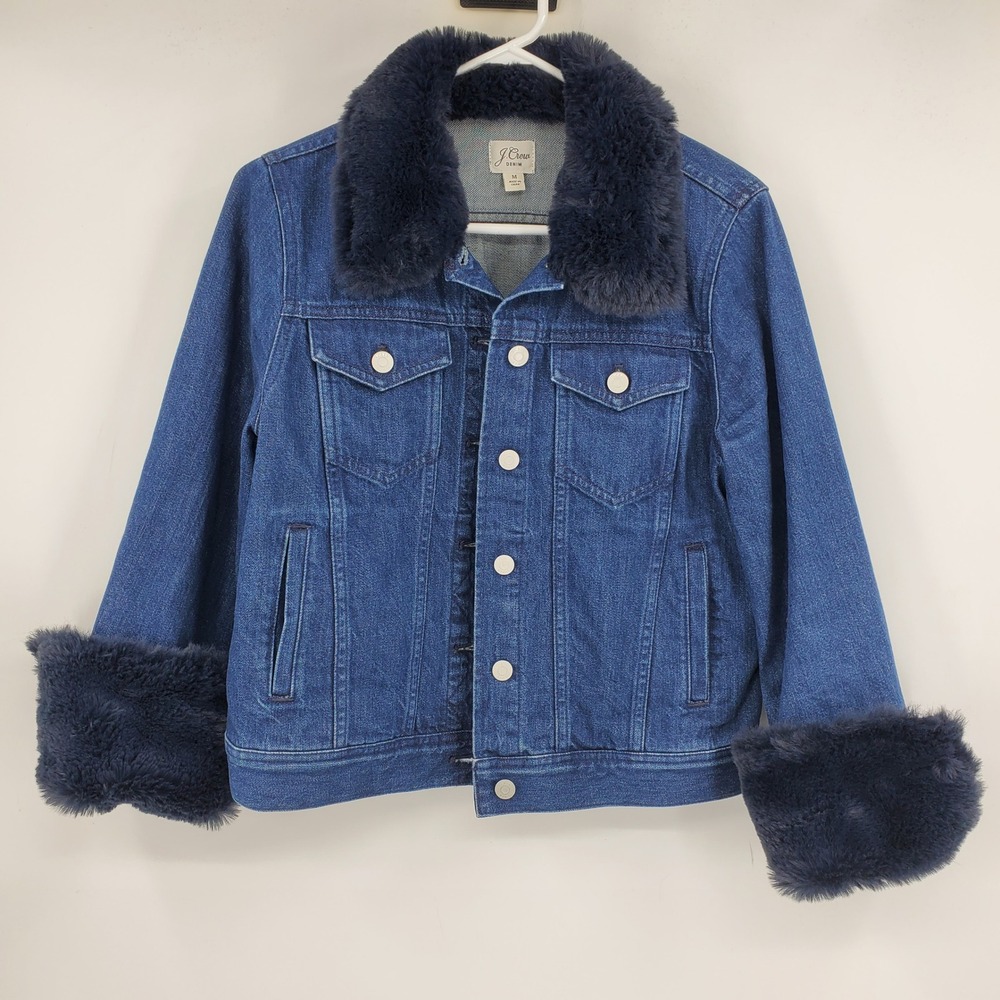 J. Crew Denim Faux Fur Trim Jacket Medium Navy Blue Jean Americana Western